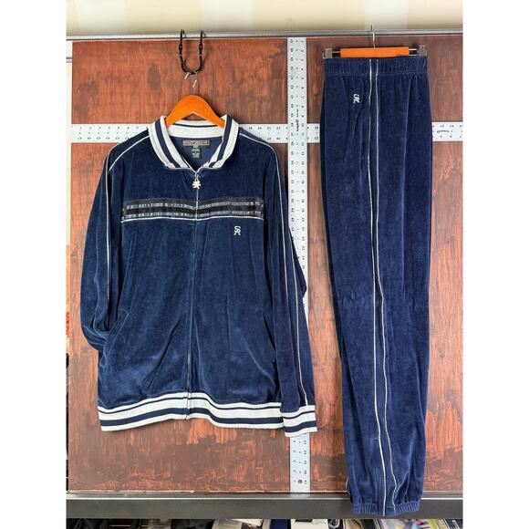 Stacy Adams Velour Track Suit Jacket + Pants Blue Silver Vintage Y2K Mens Large‎ - Picture 1 of 12